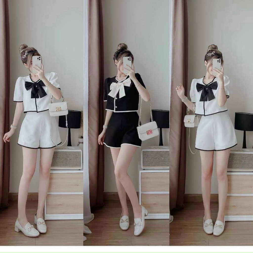 (FreeShip 2022) Sét bộ nữ chạy viền nổi,bộ nơ from croptop,chất xô chuẩn shop,diện đi đâu cũng sang chảnh