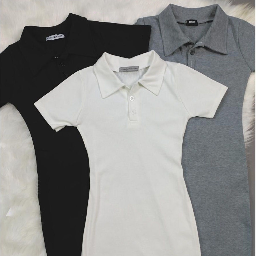 Váy Body Cổ Polo Xẻ Trước Chất Thun Gân Tăm, Đầm Ôm Sexy