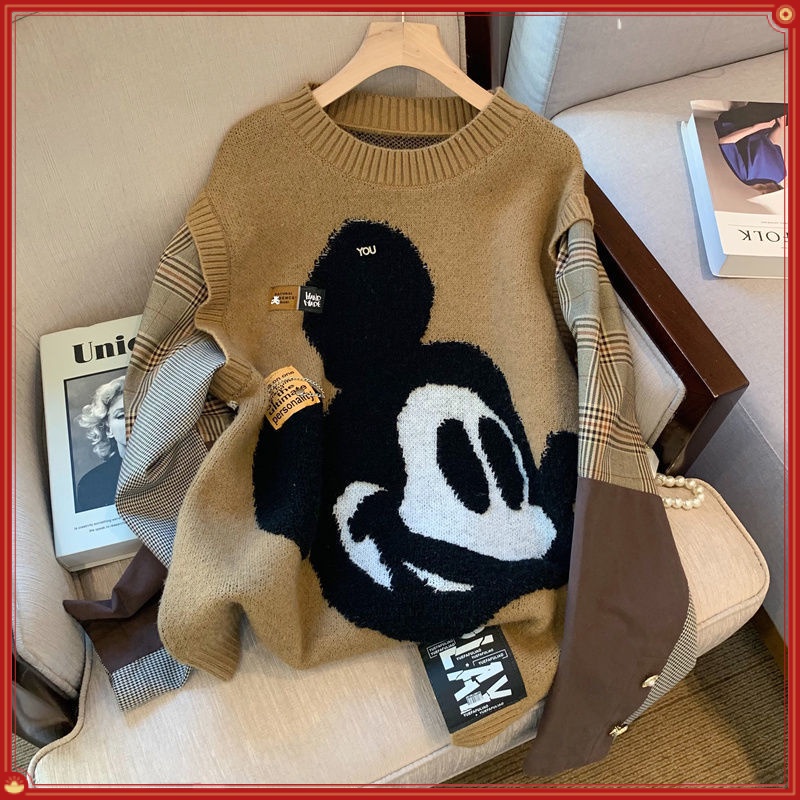 ✅Áo Sweater Dệt Kim Tay Dài Dáng Rộng Giả Hai Mảnh In Hoạt Hình Mickey Kiểu Đường Phố Mỹ Thời Trang Mùa Đông Cho Nữ