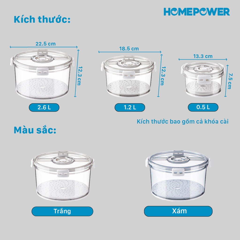 Hộp đựng thực phẩm tách nước Homepower hình tròn - Có khay lót dưới đáy, chất liệu cao cấp an toàn cho sức khỏe