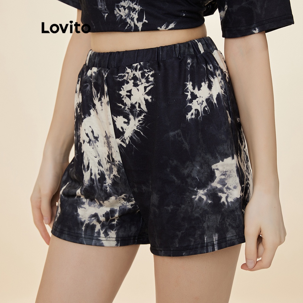 Quần ngắn Lovito lưng đàn hồi nhuộm loang màu L19D404 (màu đen)