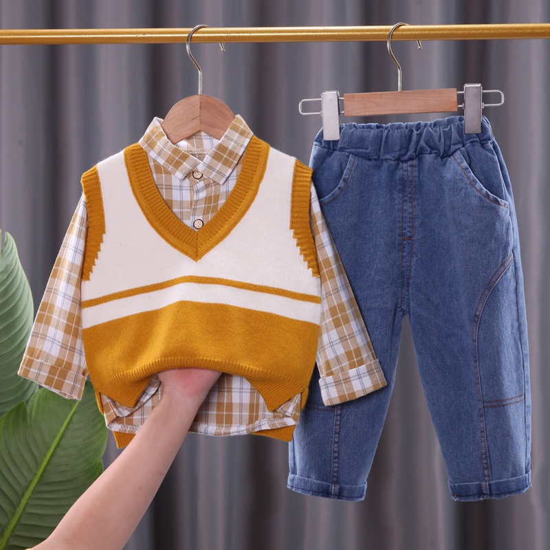 Sét áo ghi lê 3 món áo len, sơ mi, quần jean siêu đẹp cho bé trai 2022