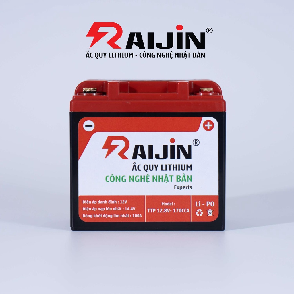 Bình ắc quy xe máy lithium RAIJIN Experts M công nghệ Nhật Bản điện áp 12v-6ah, chuyên dùng cho xe độ đèn dưới 150 Watt
