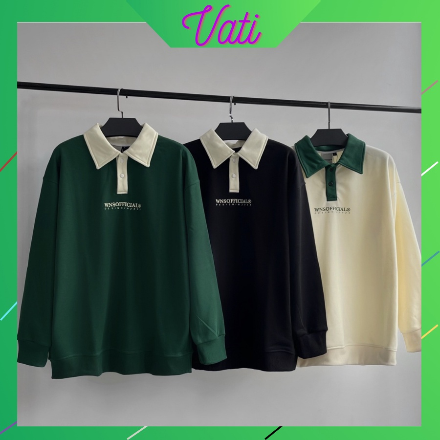 Áo thu đông dài tay cổ polo Chất Nỉ in chữ trước ngực Vati, Áo sweater polo tay bồng nhiêu màu | BigBuy360 - bigbuy360.vn