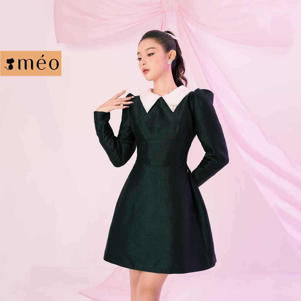 Đầm nữ thiết kế Méo shop cổ bẻ tay bồng chiết eo Carata
