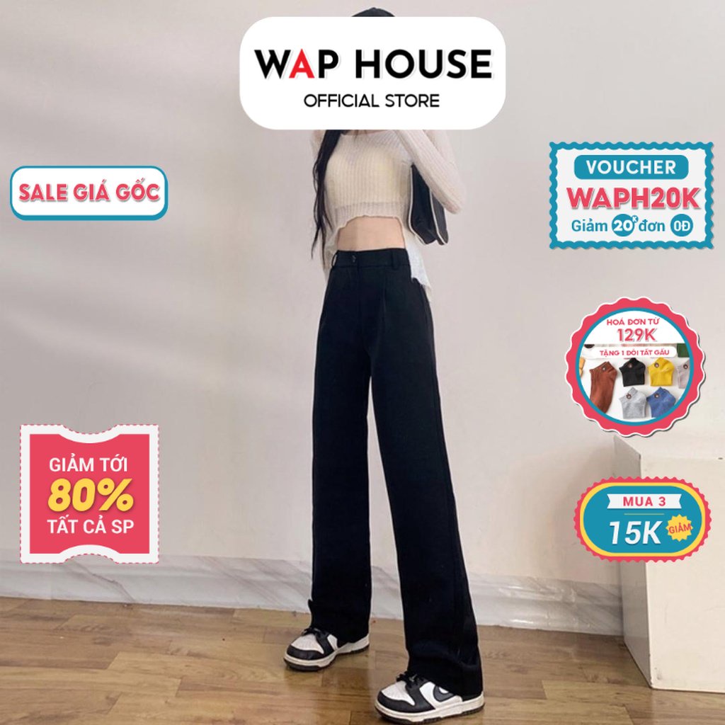 Quần suông ống rộng WAP HOUSE lưng cạp cao baggy vải cao cấp nữ màu đen QD001