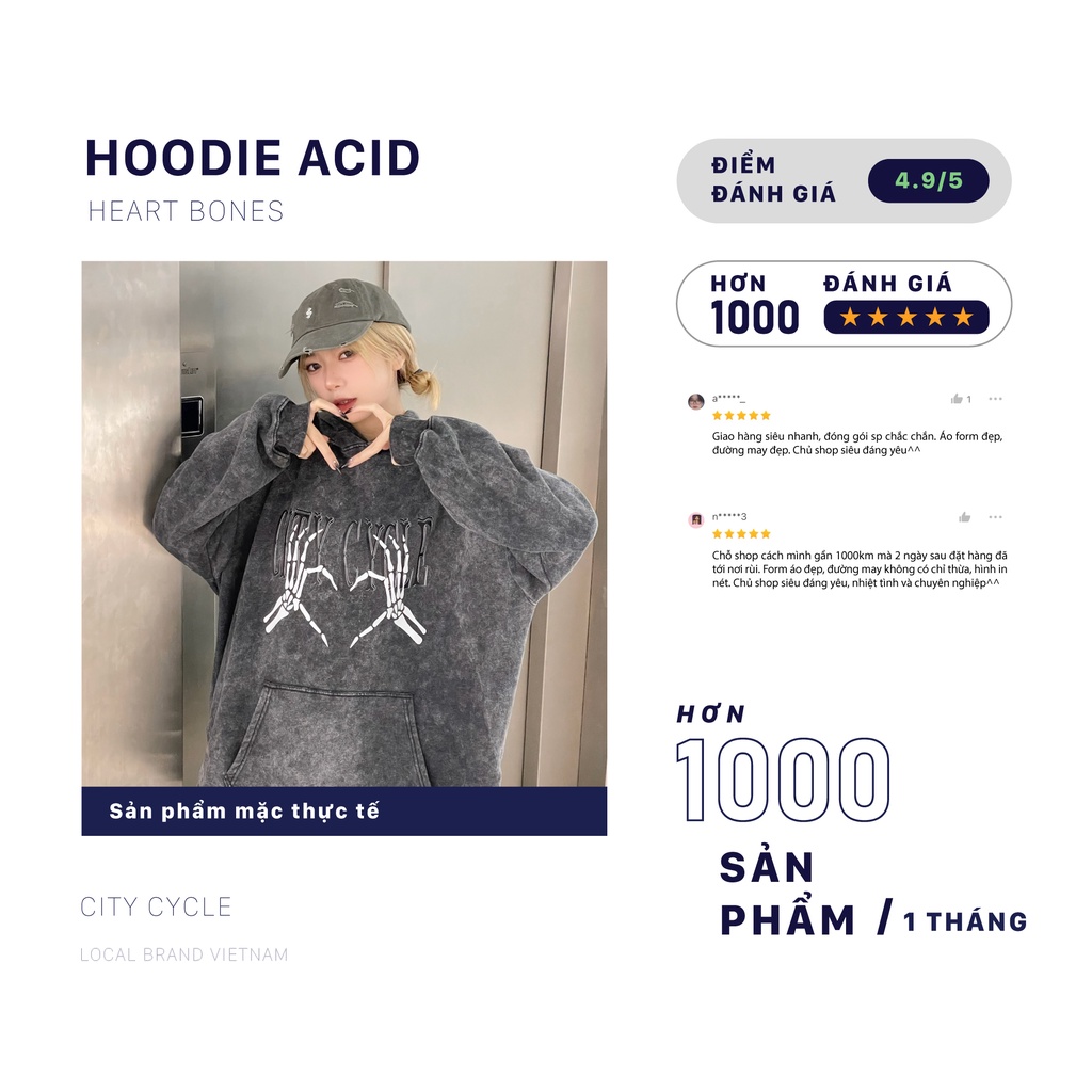 Áo hoodie local brand Acid Heart Bones City Cycle nỉ bông form rộng oversize unisex in hình