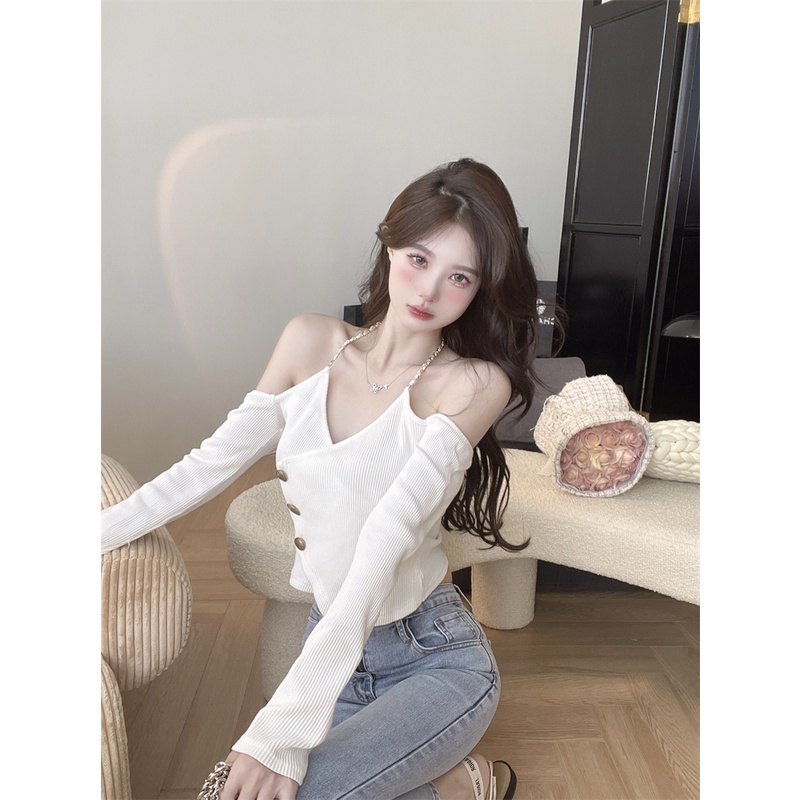 Áo khoác YEYA dệt kim tay dài hở vai phối dây xích thời trang mùa thu hàng mới dành cho bạn nữ