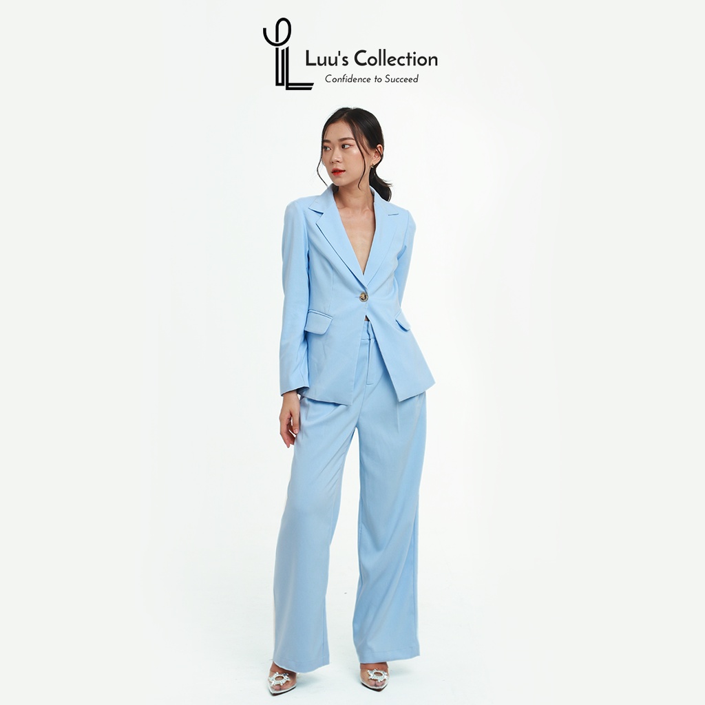 Set Áo Blazer Dáng Rộng Cổ Vest Và Quần Ống Suông Màu Xanh Baby Chất Vải Kaki Mềm Luu's Collection