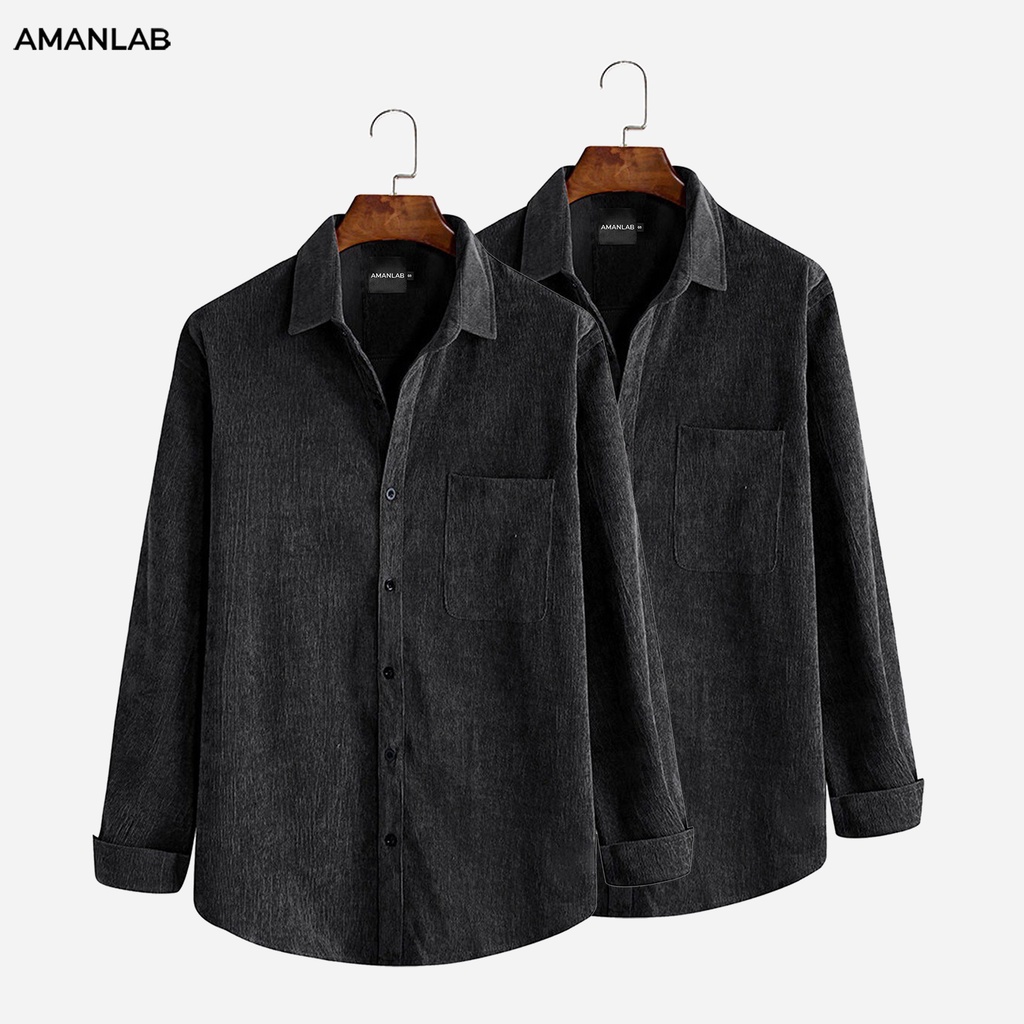 Áo sơ mi nam dài tay màu basic đen, chất vải nhung tăm, form regular Long shirt AMANLAB
