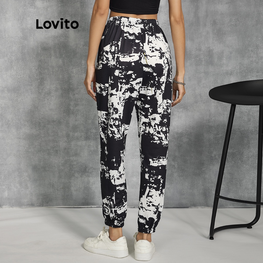 Lovito Quần Dài Ống Rộng Lưng Thun Màu Đen/Trắng Thời Trang L20D1141