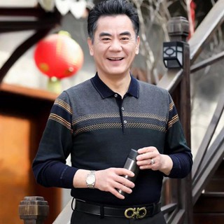 Áo Thun Polo Tay Dài Dáng Rộng Họa Tiết Kẻ Sọc Phong Cách Hong Kong Thời Trang Cho Nam Trung Niên Và Người Lớn Tuổi