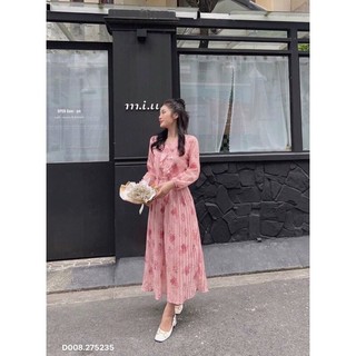D008- đầm dập hoa nơ cổ, chất liệu: voan lụa lót