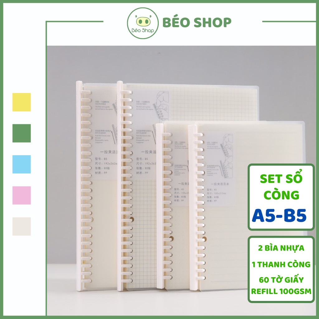 Set sổ còng A5 B5 20 26 lỗ Béo shop còng ray cứng giấy refill 100gsm bìa nhựa nhiều màu có thể tháo còng thay giấy