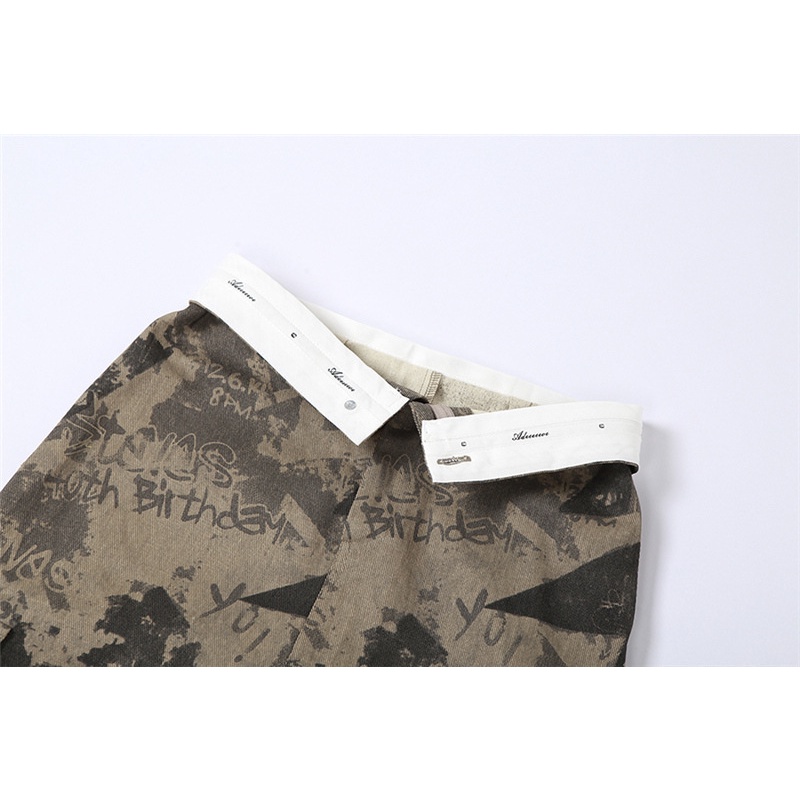 Chân Váy Xẻ Tà Lưng Cao In Chữ Phối Khóa Kéo Phong Cách Retro Đường Phố