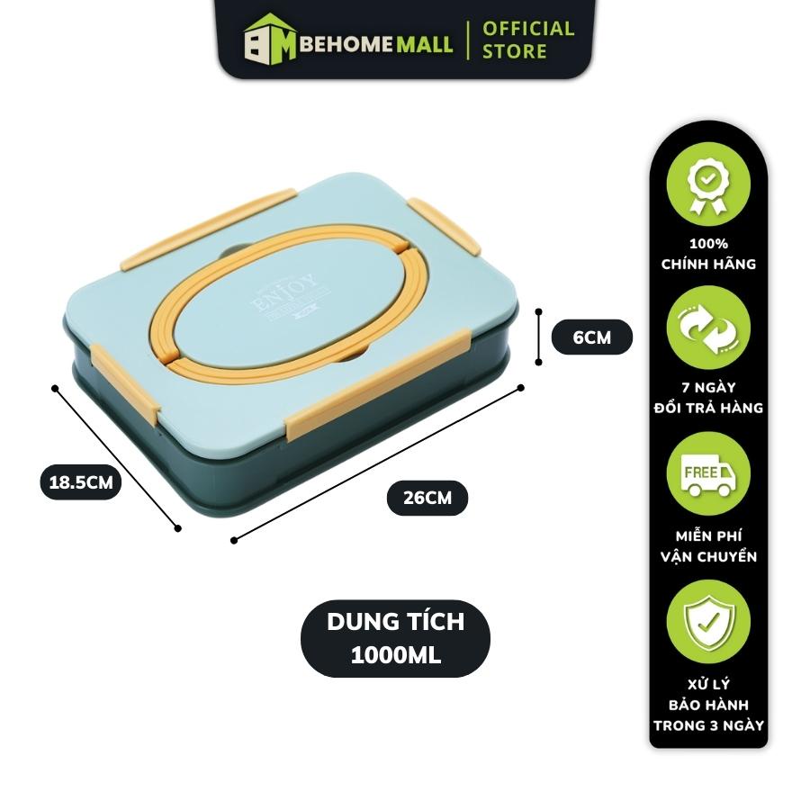 Hộp đựng cơm BEHOMEMALL Hộp cơm văn phòng inox 304 chia ngăn tặng kèm đũa thìa inox dung tích 1L hâm nóng thức ăn