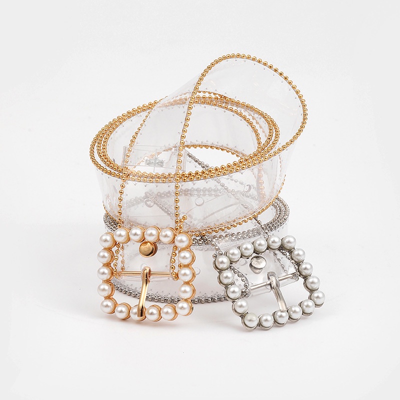Thắt Lưng Nhựa PVC Trong Suốt Khóa Hợp Kim Đính Hạt Ngọc Trai Màu Vàng / Bạc Thời Trang Cho Nữ