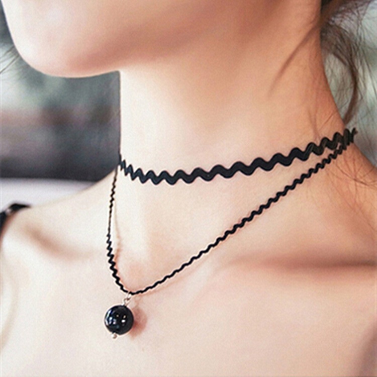 [L2M] Vòng đeo cổ CHOKER nữ màu đen phong cách Hàn Quốc kiểu dáng GỢN SÓNG thiết kế 2 VÒNG đính đá cực cá tính