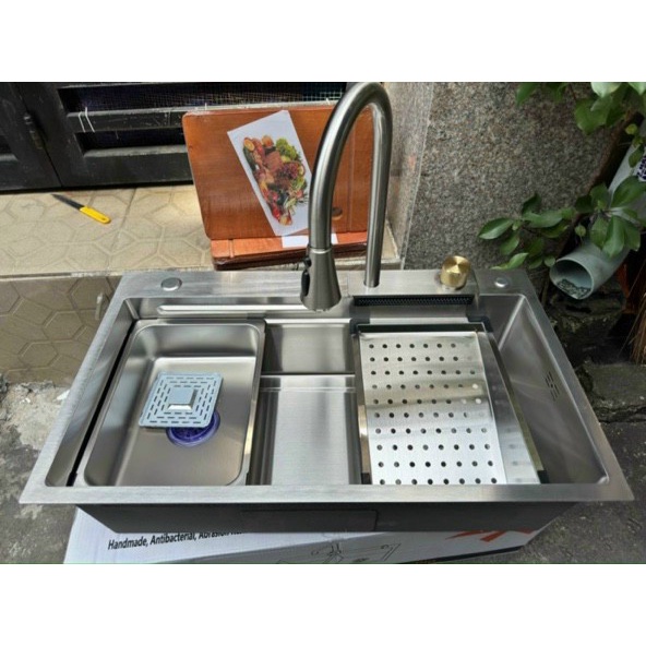 Chậu rửa bát liền vòi 1 hố lớn bồn rửa chén 1 hộc 78x46 inox 304 Mờ