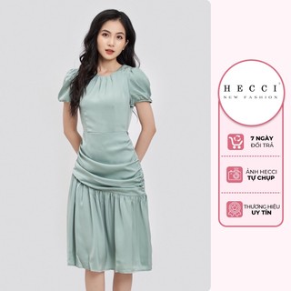 Váy đuôi cá dài tay bồng xếp ly nhún eo HECCI xanh ngọc cao cấp V96