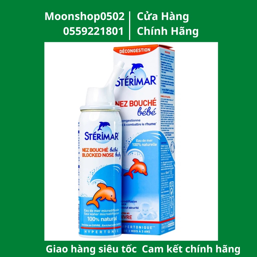 Xịt muối biển cá heo màu cam, Sterimar 100ml , Giảm sổ mũi, Vghẹt mũi ,Viê.m mũi cho bé tưf 3 tháng tuổi nội địa pháp