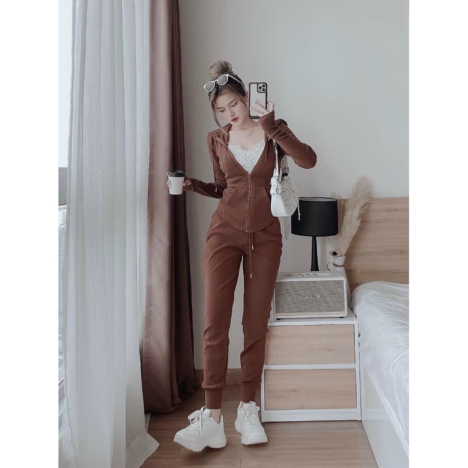 [10.10 Sales Freeship] Set bộ thun gân nữ, set bộ áo dài tay khóa kéo có nón, quần ôm dài ống túm đi chơi trẻ trung dx