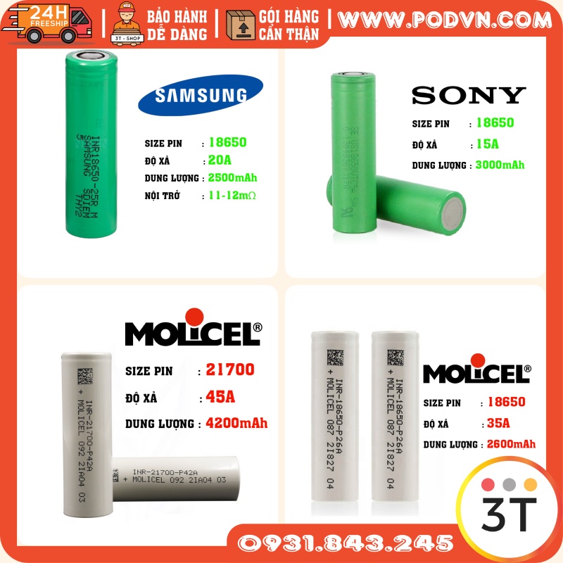 Pin 18650 Molicel P26A INR 35A 2600mah | 21700 P42A 45A 4200mah | Samsung 25R 2500mah | SONY VTC6 3000mah