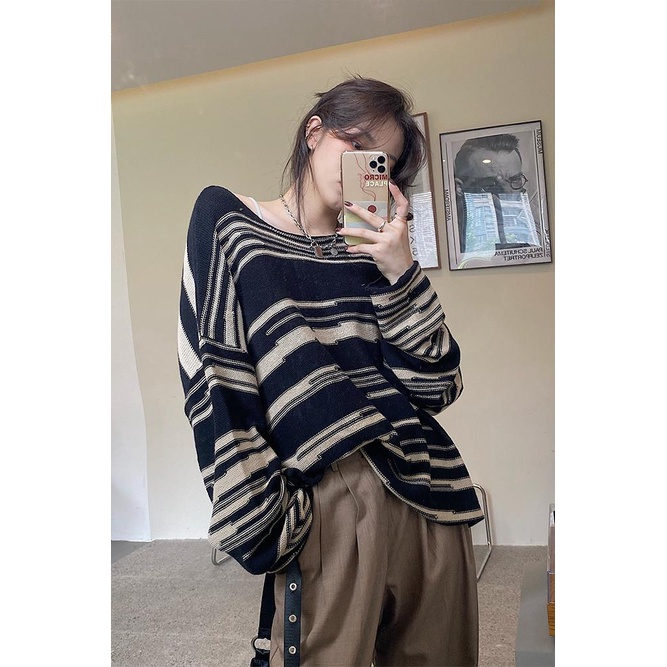 Áo Sweater Dệt Kim Cổ Tròn Dáng Rộng Kẻ Sọc Thời Trang Cho Nữ