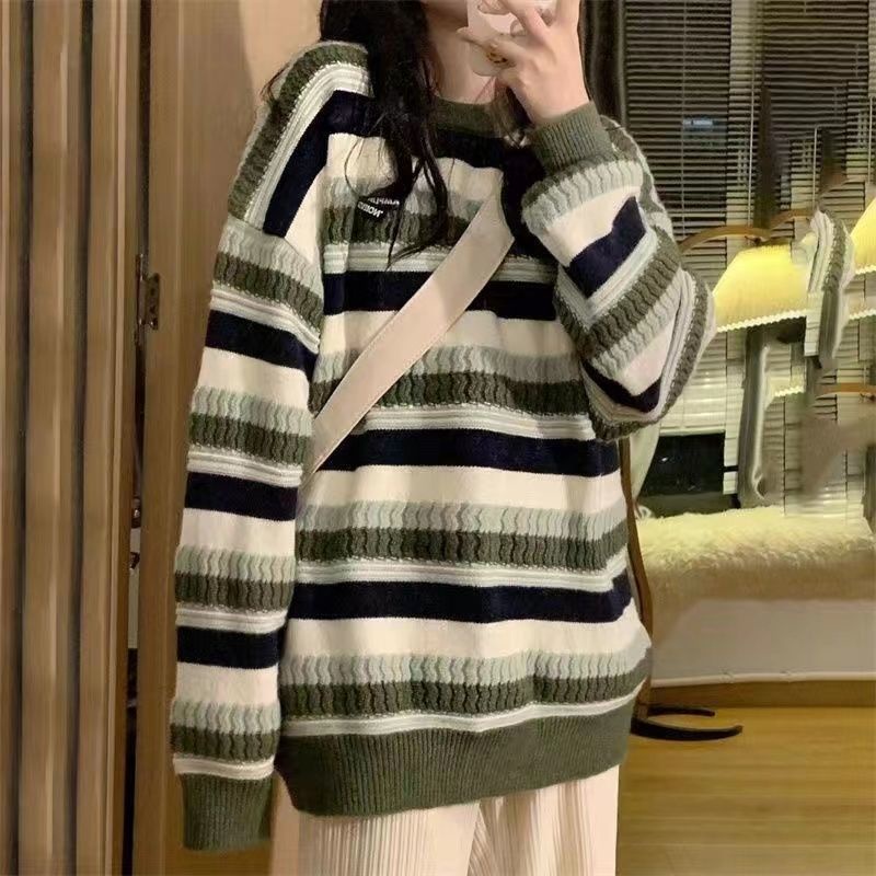 ✅Áo Sweater Dệt Kim Dáng Rộng Họa Tiết Kẻ Sọc Màu Xanh Lá Phong Cách Retro Mỹ Chất Lượng Cao Thời Trang Xuân Thu Cho Nữ