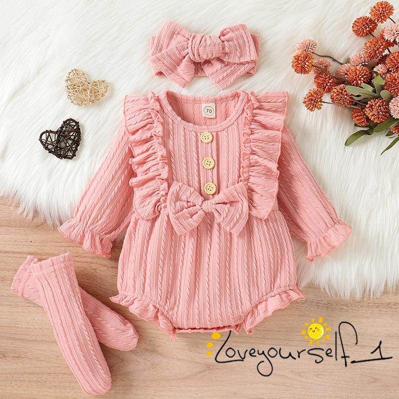 Set Đồ 3 Món Gồm Áo Liền Thân Tay Dài Cài Khuy Trước Cài Khuy + Vớ + Băng Cài Đầu Cho Bé Gái B930G