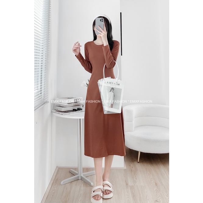 Váy maxi thun xoè EMIX, đầm chữ A dài tay, dáng dài, cổ tròn, freesize dưới 58kg 188