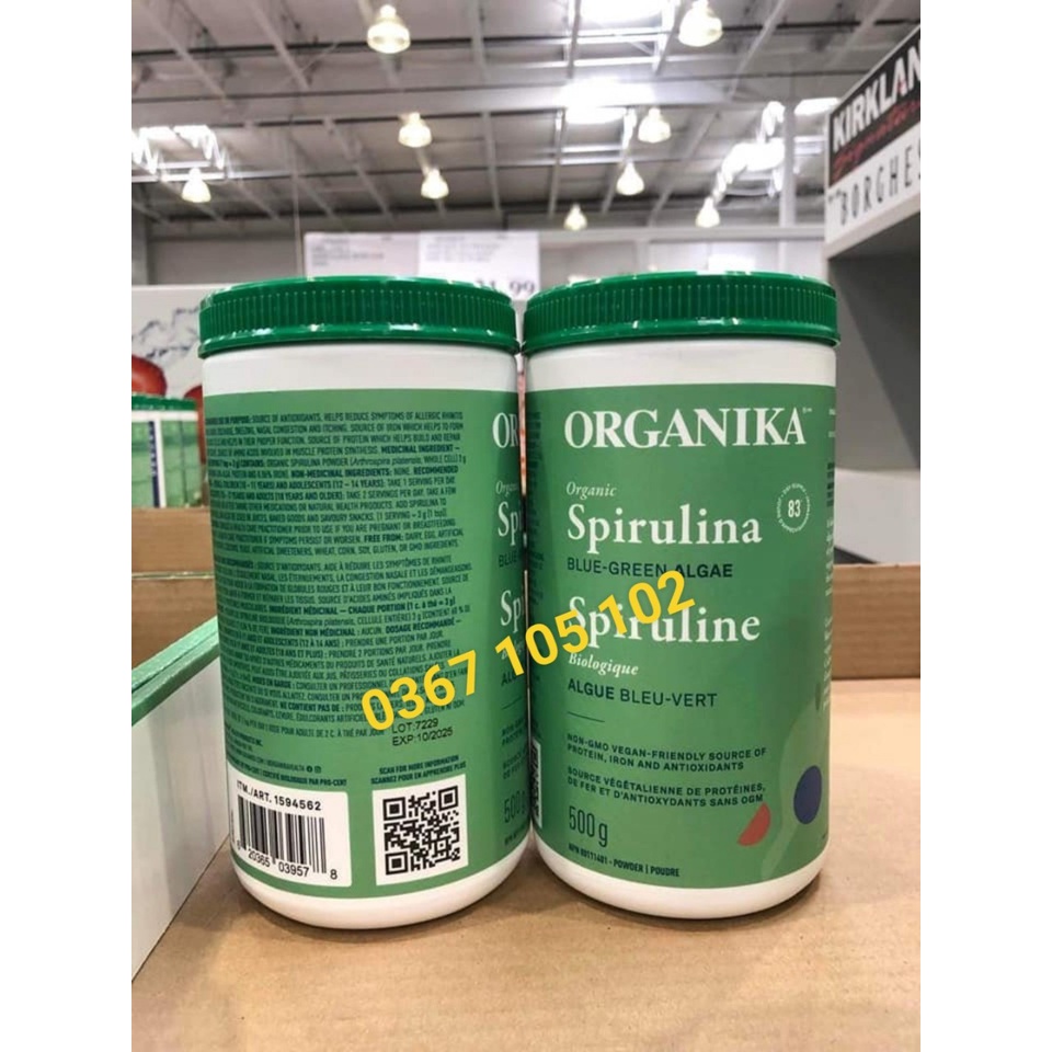 [Canada] Spirulina Siêu thực phẩm bổ dưỡng nhất hành tinh, bột tảo xoắn Spirulina hữu cơ Organika, Canada, hũ 500gr.