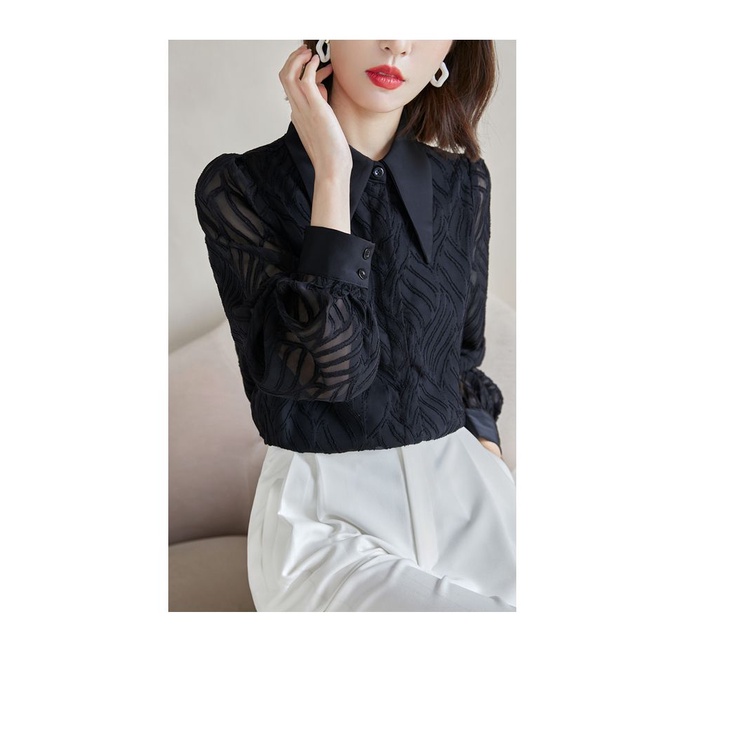 Áo Sơ Mi Chiffon Tay Dài Màu Đen Thời Trang Mùa Thu Phong Cách Hàn Quốc Cho Nữ