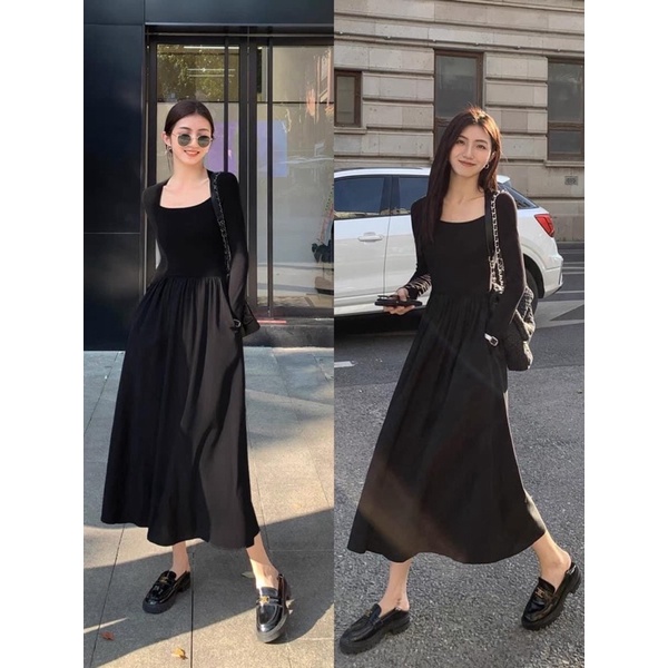VÁY MAXI ĐEN XOÈ NHẸ RETRO PHÁP