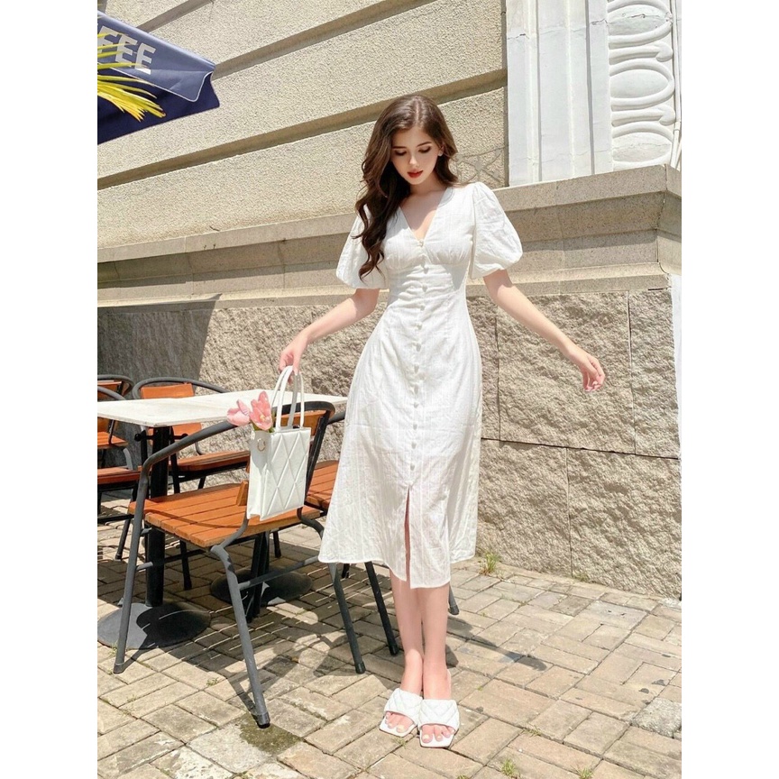 LIKEHER - VÁY TRẮNG D53 TAY PHỒNG DÁNG DÀI DẠO PHỐ