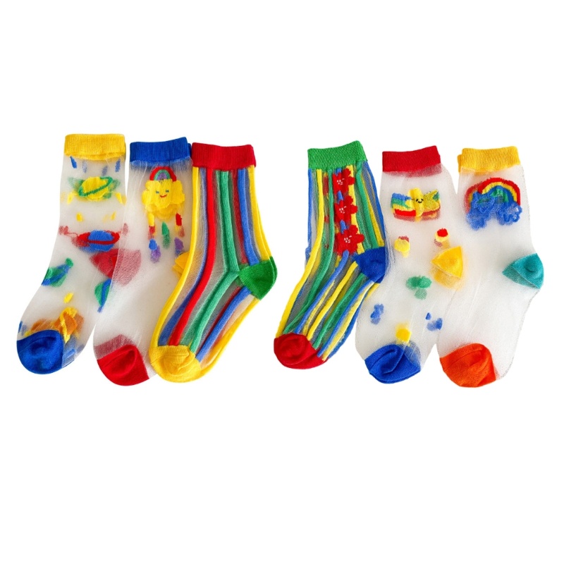 Set 3 Đôi Vớ Ren Siêu Mỏng Tàng Hình In Họa Tiết Hoạt Hình Màu Cầu Vồng Thời Trang Mùa Hè Cho Bé Gái