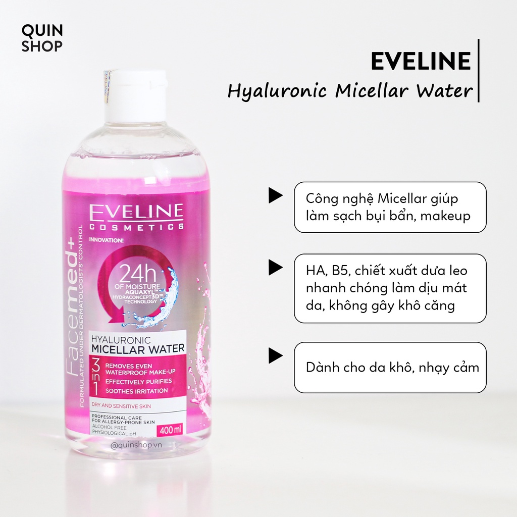 Nước Tẩy Trang Dịu Nhẹ Cho Da Mụn, Nhạy Cảm Eveline Facemed + Micellar 3 In 1