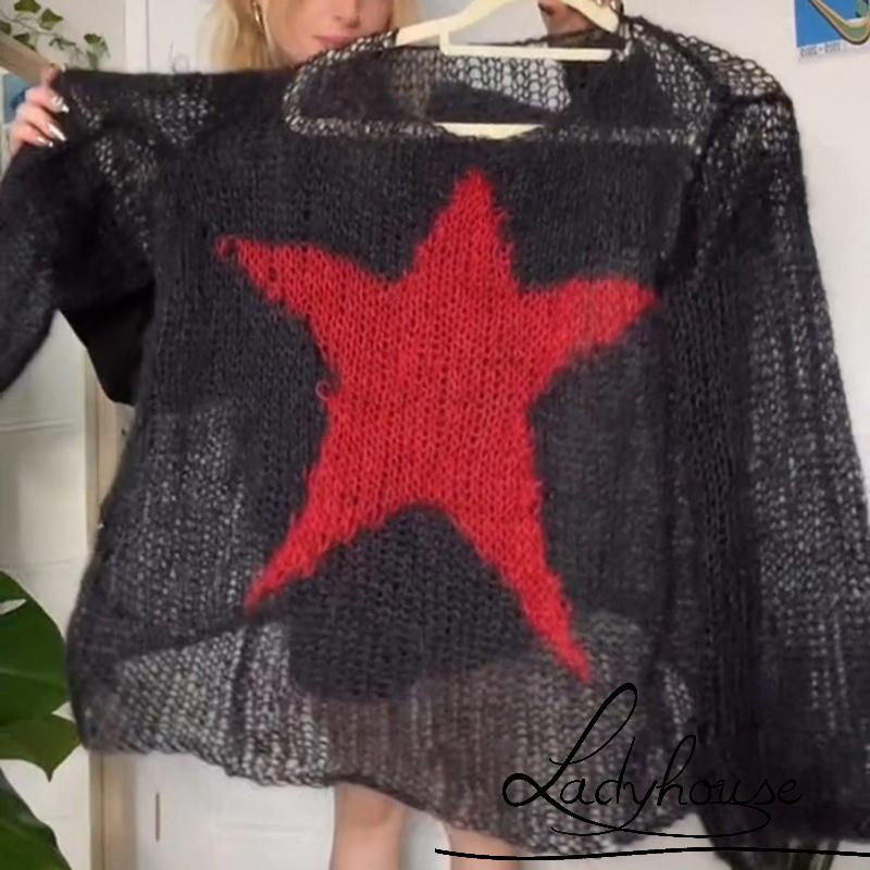 Áo Sweater Dệt Kim Tay Dài Cổ Tròn In Họa Tiết Ngôi Sao Thời Trang Xuân Thu Cho Nữ