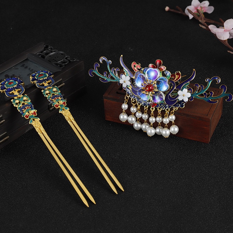 Set Kẹp Tóc Đính Ngọc Trai Và Vương Miện Màu Xanh Dương Thời Trang