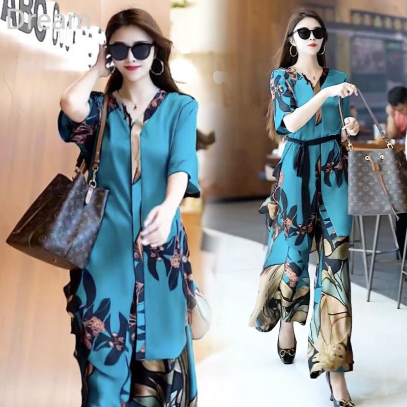 Fashionable V-neck mid-length printed two-piece wide-leg pants suit for women