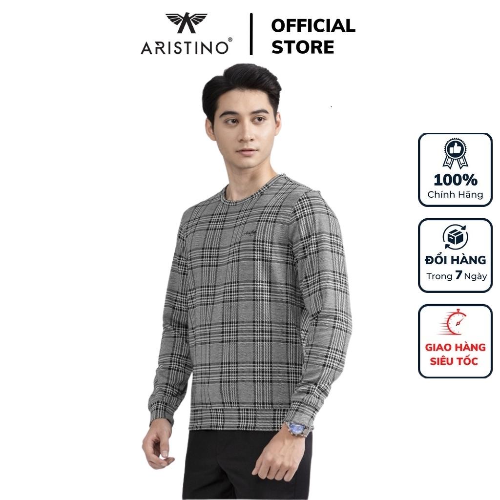 Áo thun dài tay sweatshirt nam Aristino ASW005W2 T-shirt thu đông kẻ caro đen vải polyester cao cấp dáng suông cổ tròn