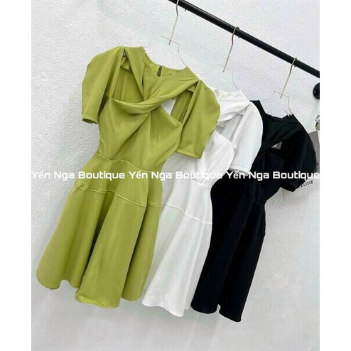 [11.11 Sale Freeship] Đầm váy xoè cổ yếm,đầm lụa dây chéo xoắn ngực tay ngắn bồng khoét lỗ hở vai ôm eo dáng xoè mtb xoè