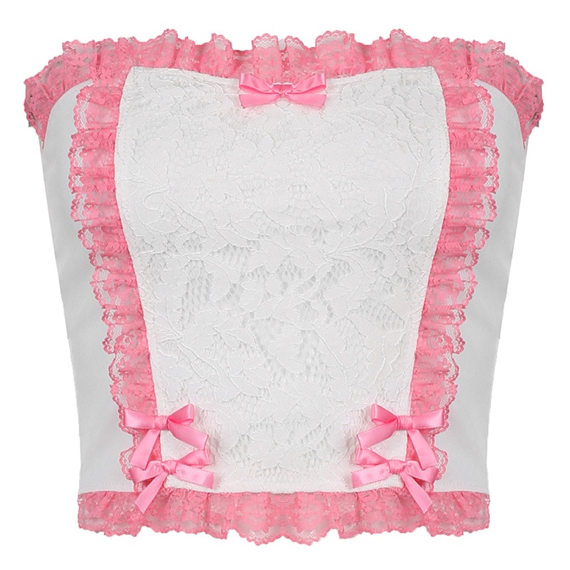 Brroa Áo Ống Không Dây Dáng Ôm In Hoa Phối Ren Nhún Bèo Phong Cách Harajuku Punk Ngọt Ngào Cho Nữ