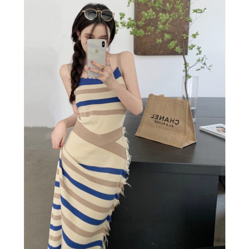 Đầm Dệt Kim Sát Nách Hoạ Tiết Kẻ Sọc Thời Trang Mùa Thu Cho Phái Nữ