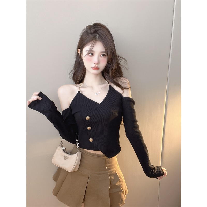 Áo khoác YEYA dệt kim tay dài hở vai phối dây xích thời trang mùa thu hàng mới dành cho bạn nữ