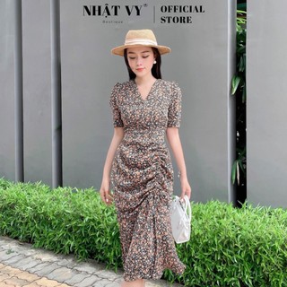 Đầm Hoa Đi Chơi NHẬT VY Cổ V Dây Rút Nhún Eo Chất Mango Màu Xanh, Đen - D2361