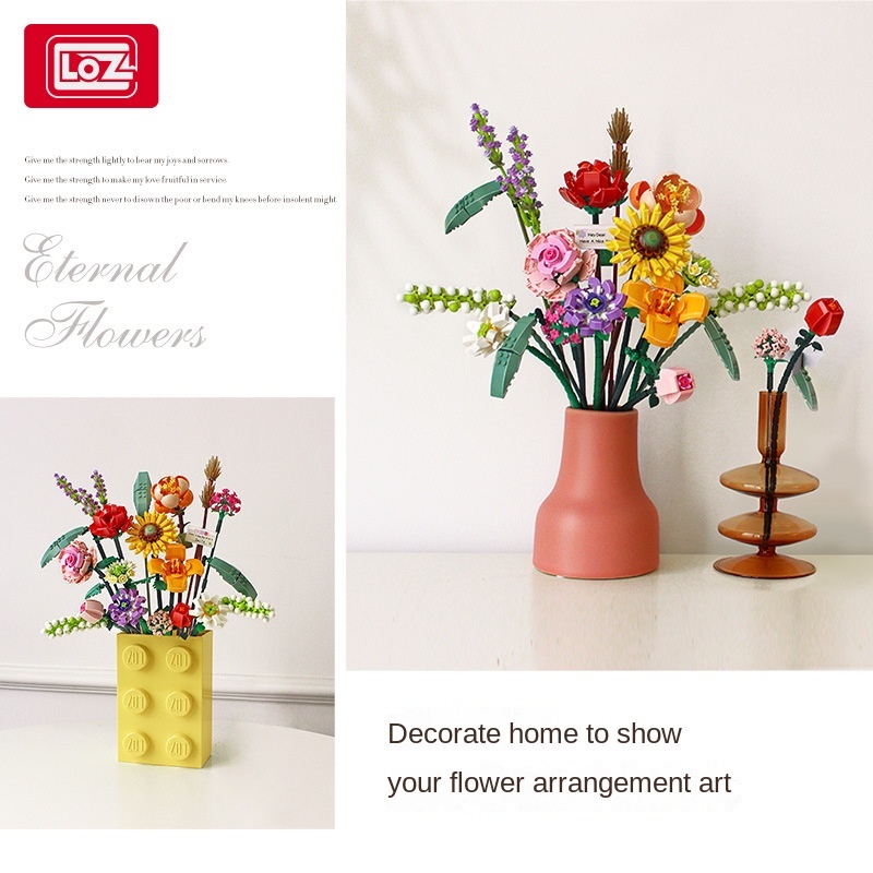 Bộ lắp ráp Lego hoa, hãng Loz bộ xếp hình khối xây dựng bó hoa