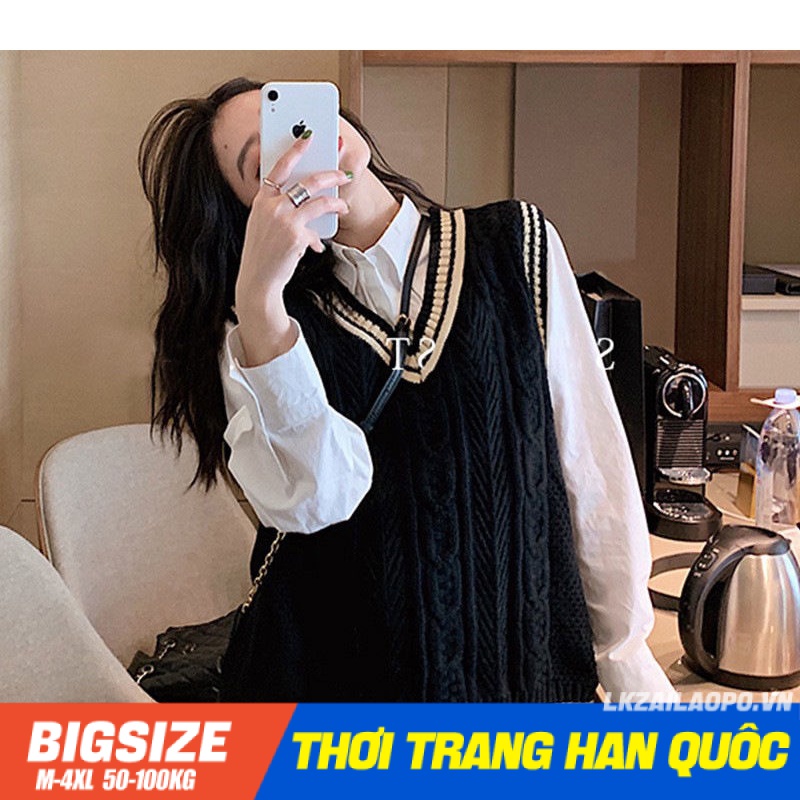 Áo gile len nữ Bigsize Áo ba lỗ kiểu Không tay cổ chữ v mùa thu Phong cách Hàn Quốc Thời Trang cá tính xinh đẹp cho người mập béo nữ