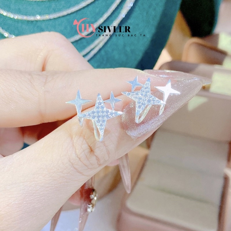 Bông tai bạc ta dạng kẹp vành tai hình 3 ngôi sao đính đá sang chảnh cá tính bông tai nữ bạc thật giá rẻ