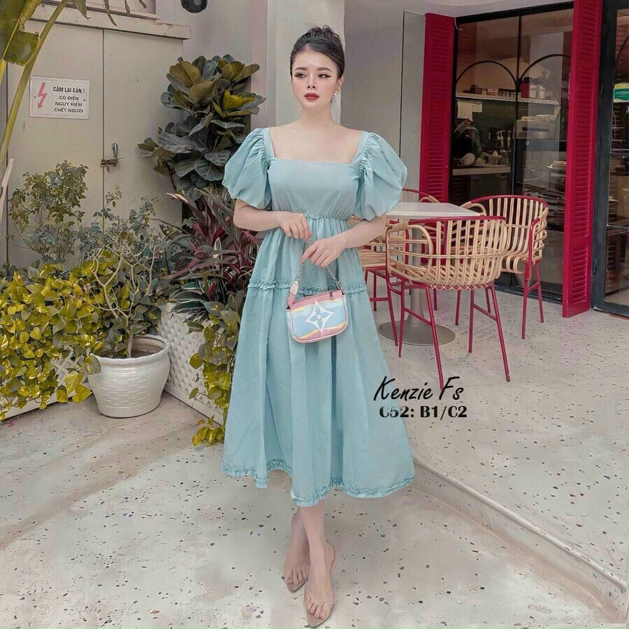 (Sale FreeShip) Đầm nữ đi chơi,thiết kế cổ vuông tay phồng dễ thương,tone màu tôn da diện đi đâu cũng xinh